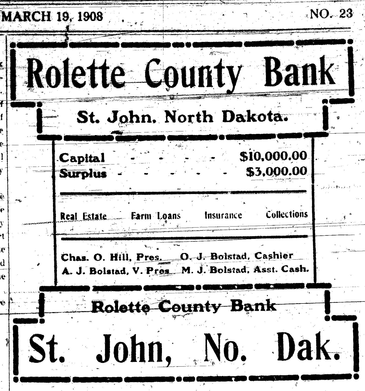 1908 Rolette County Bank Newspaper AD 